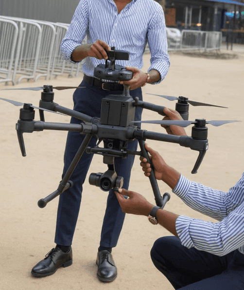 Slide 3 &mdash; Two men in striped shirts are preparing a large drone for operation, one holding the remote and the other adjusting the camera.